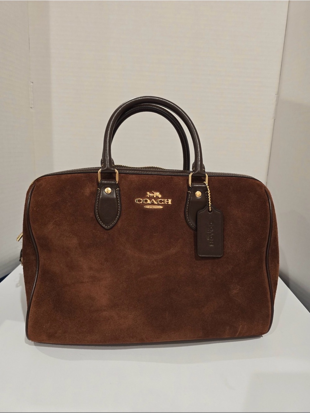 Coach Rowan Brown Suede Satchel with Dark Brown Leather Trim and Gold Hardware - Picture 2 of 7